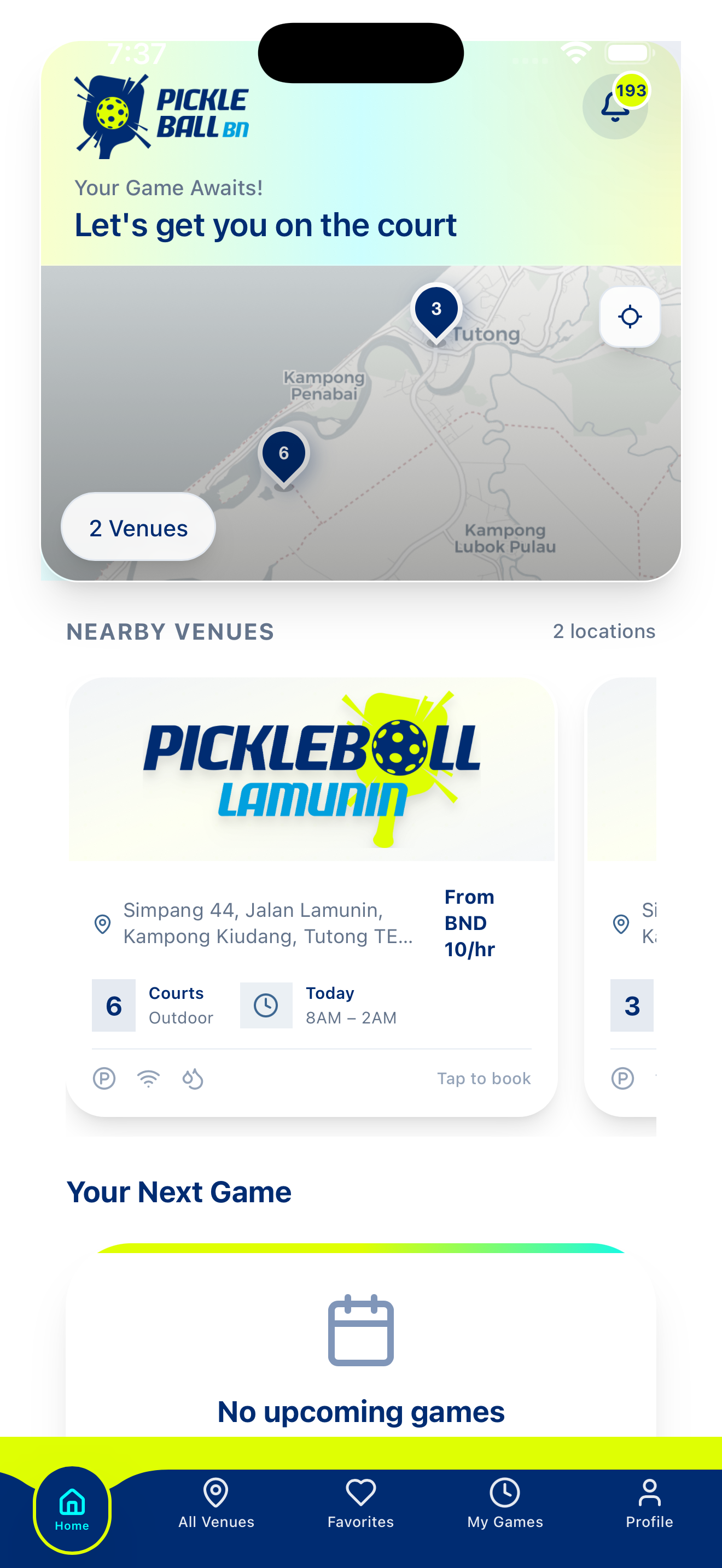 PickleballBN iOS app home screen showing nearby venues and court booking
